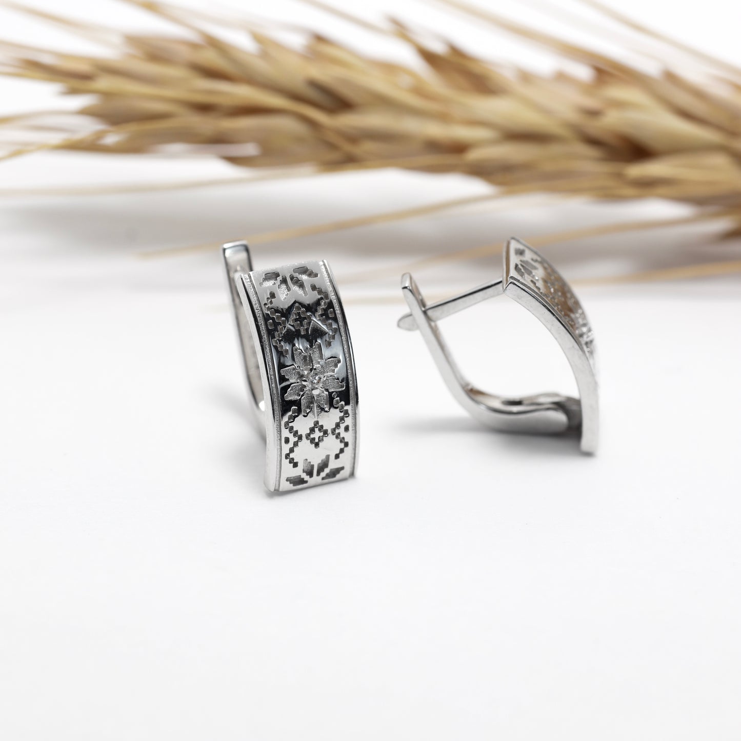 Silver Vyshyvanka Earrings with Cubic Zirconia | Срібні сережки Вишиванка з фіанітом |583/1