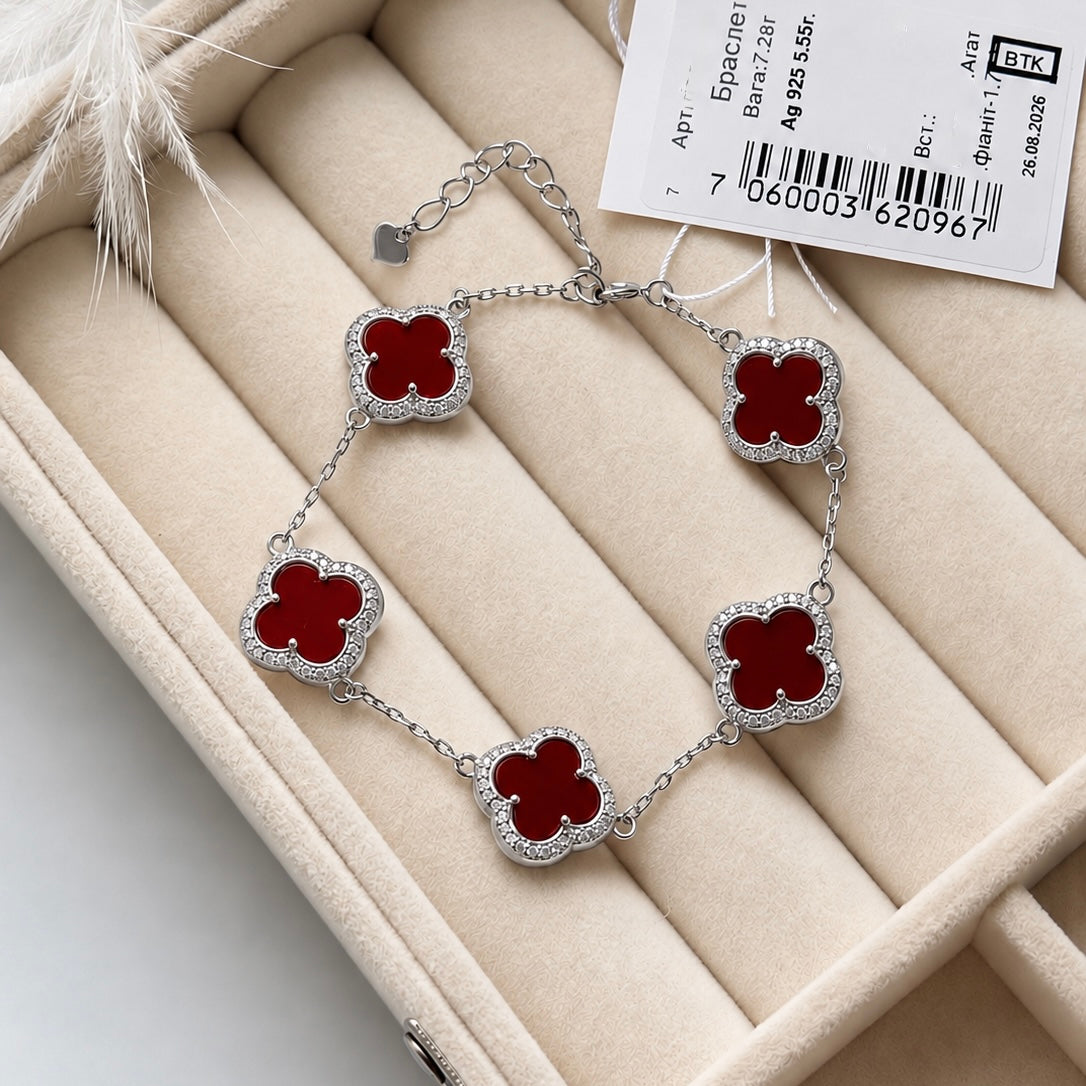 925 Sterling Silver Red Agate Clover Jewelry Set with CZ| Срібний комплект з червоним агатом та фіанітами