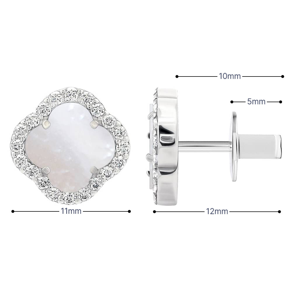 Sterling Silver Clover Stud Earrings with Mother of Pearl & CZ | 925 Silver Screw Back |Срібні сережки-цвяшки Конюшина з перламутром та фіанітами | Срібло 925|40082