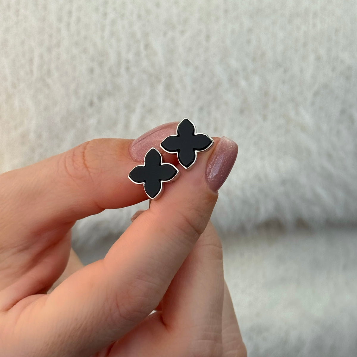 925 Sterling Silver Black Onyx Clover Stud Earrings| Срібні сережки-пусети Конюшина з чорним оніксом|1309