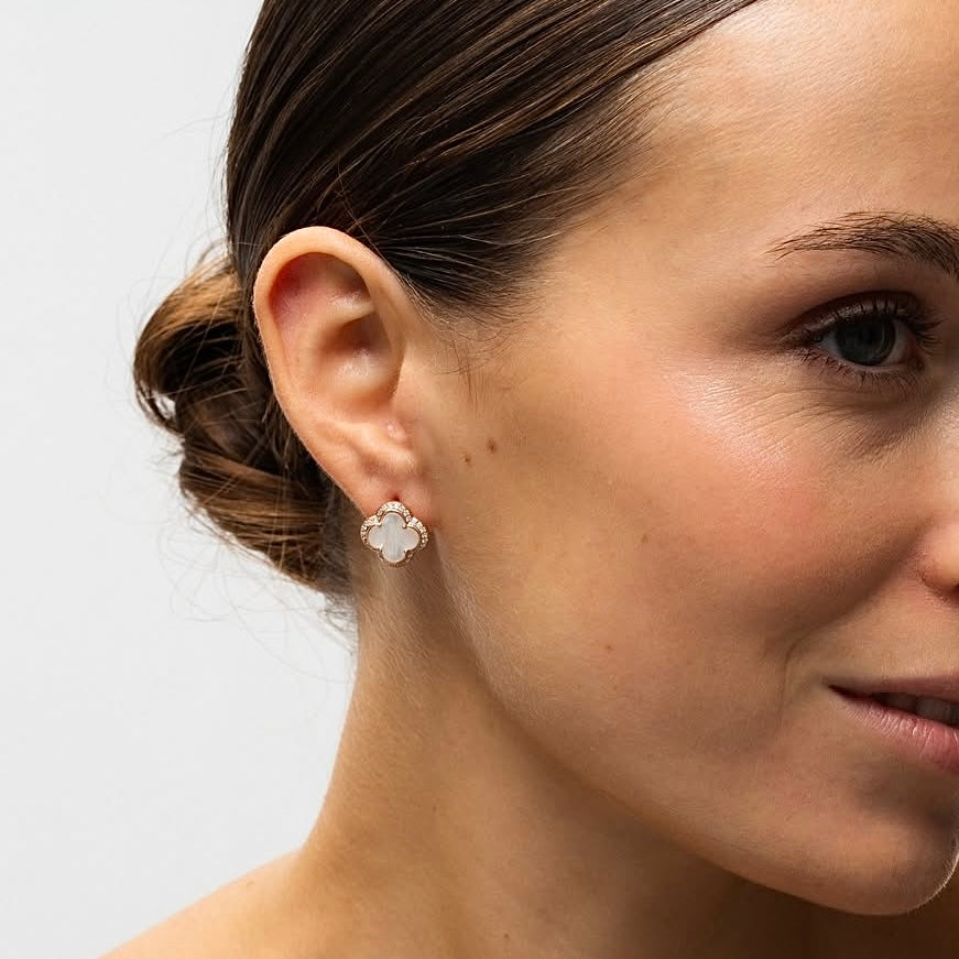 Срібні сережки з перламутром і фіанітами покриті позолотою 585 проби