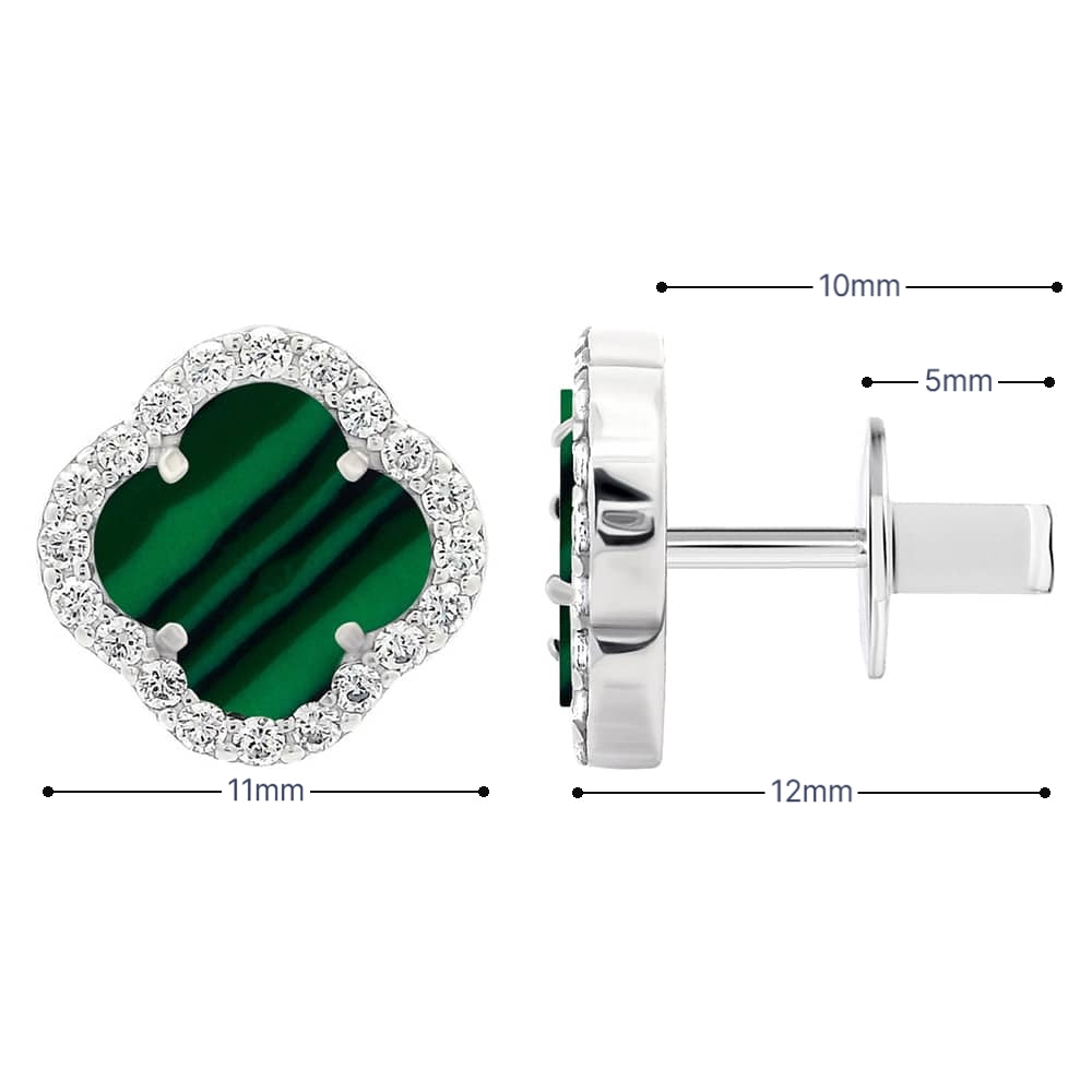 Срібні сережки з малахітом | Malachite Stud Earrings | Срібло 925 з цирконієм| Green Clover Earrings|40082