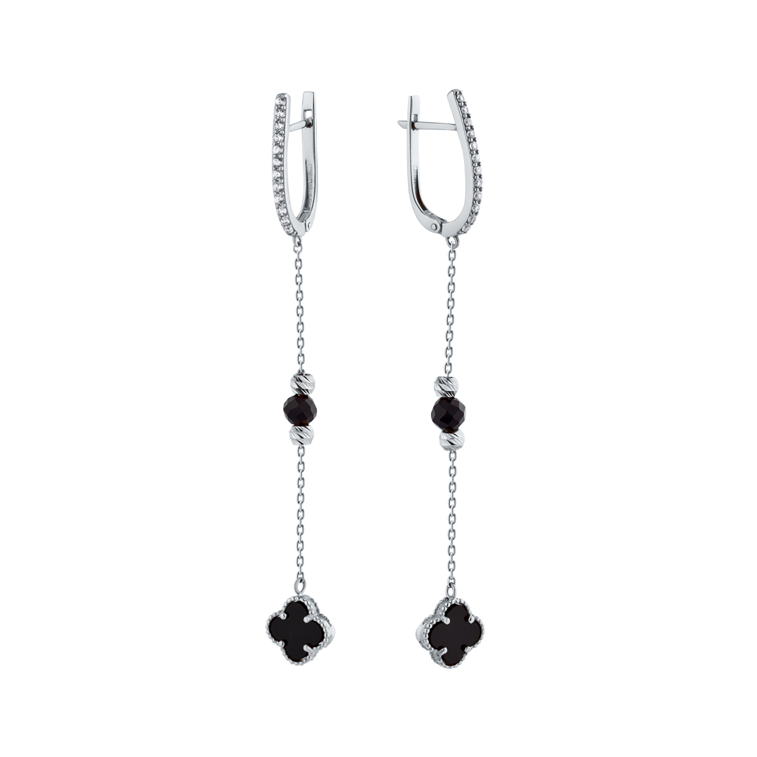 925 Sterling Silver Onyx Drop Earrings with Zirconia | Срібні сережки-підвіски з оніксом та фіанітами|824