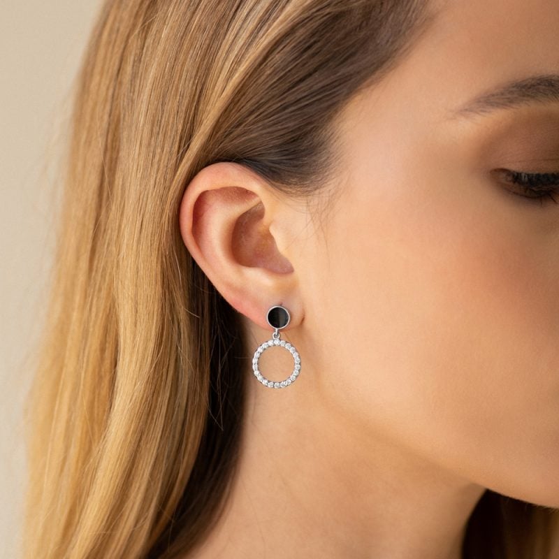 Silver Drop Earrings with Black Enamel & Zirconia 925 | Срібні сережки з емаллю та фіанітами|20742