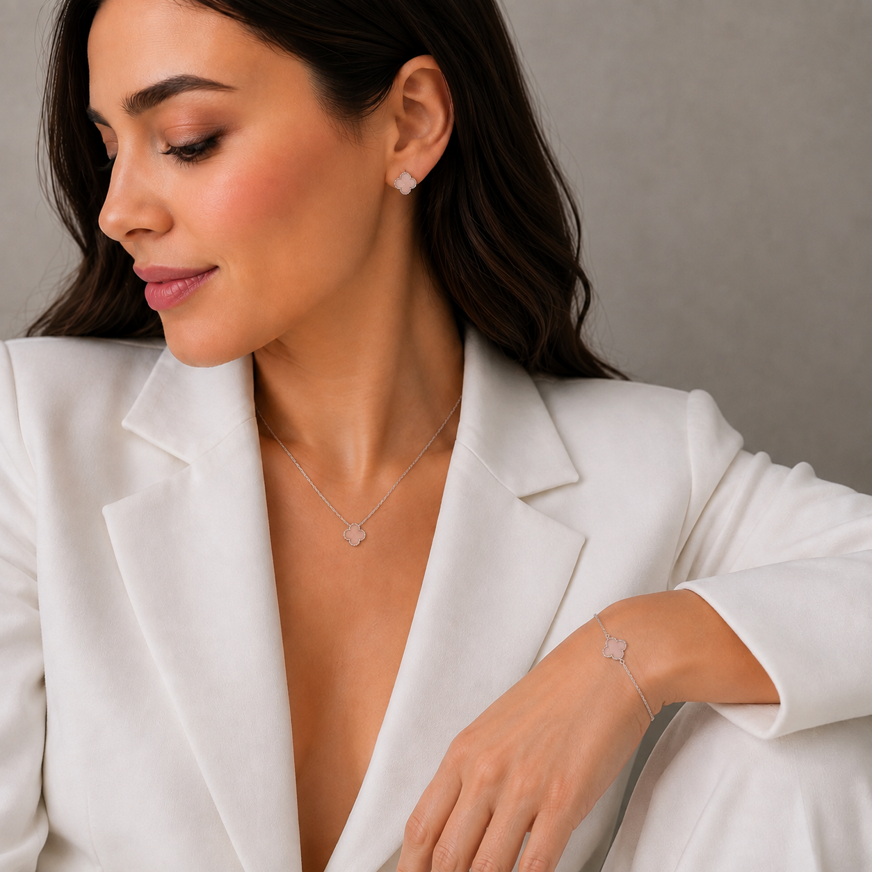 Rose Quartz Clover Jewelry Set | 925 Sterling Silver Earrings & Bracelet — Срібний комплект Конюшина з рожевим кварцом |сережки та браслет|338
