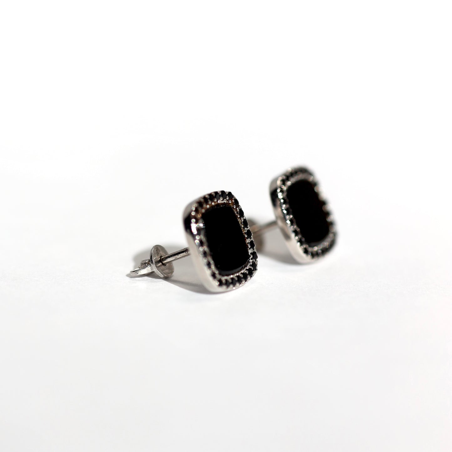 Black Stone Stud Earrings with Zirconia 925 Silver | Срібні сережки з чорним каменем та фіанітами|1007