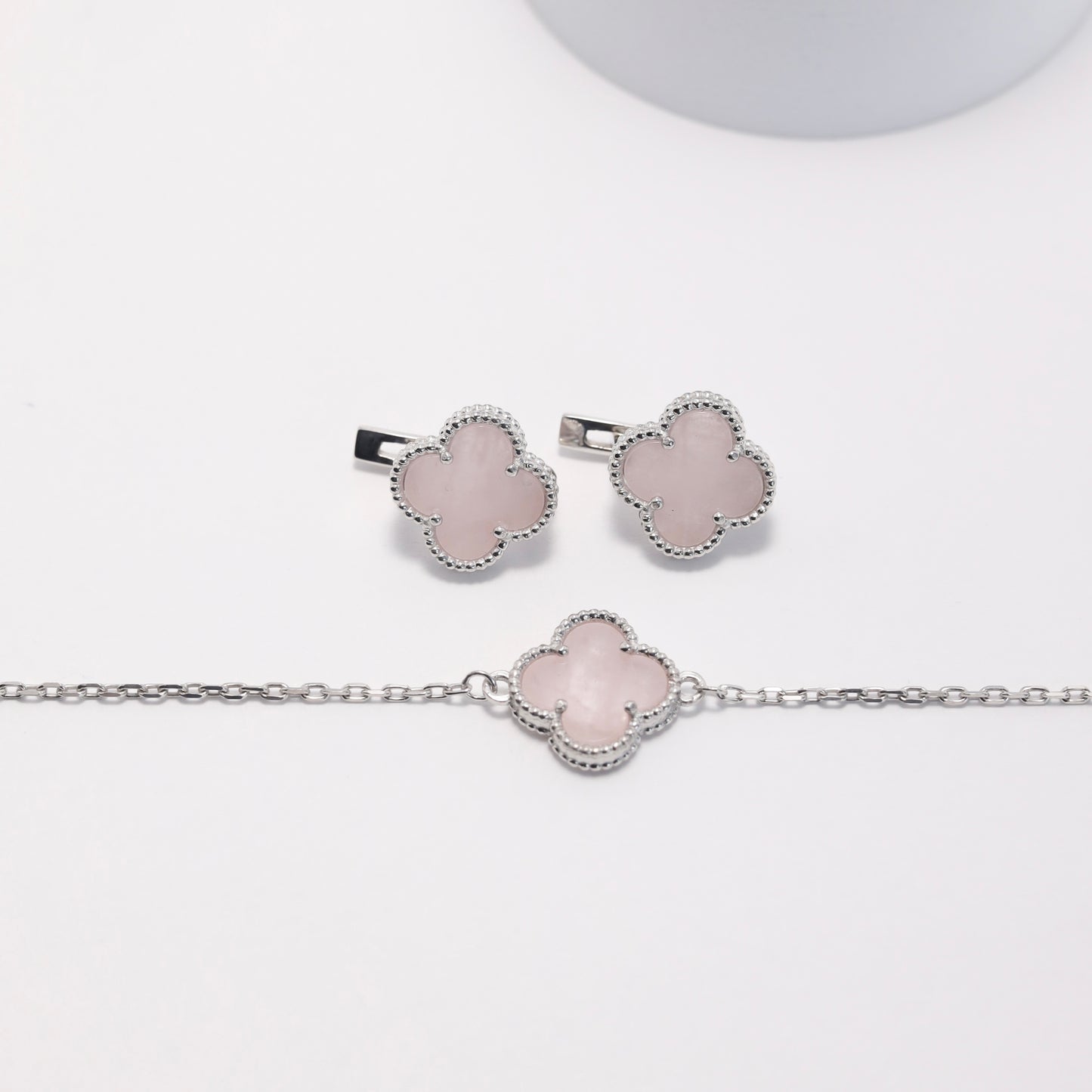 Rose Quartz Clover Bracelet | 925 Sterling Silver Luxury Jewelry — Срібний браслет Конюшина з рожевим кварцом|338