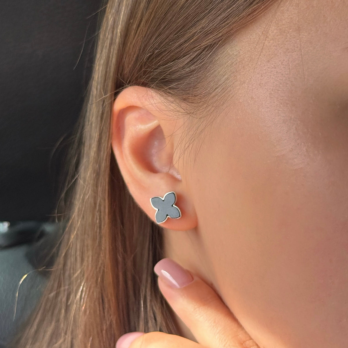 925 Sterling Silver Black Onyx Clover Stud Earrings| Срібні сережки-пусети Конюшина з чорним оніксом|1309