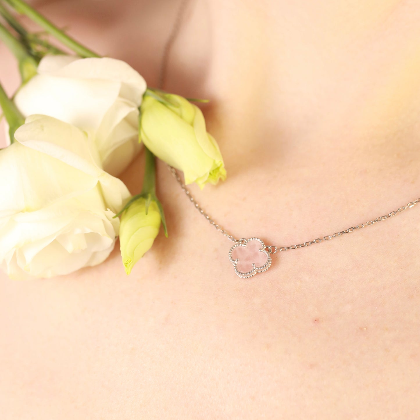 Rose Quartz Clover Jewelry Set | 925 Sterling Silver Luxury Jewelry — Срібний комплект з кварцом |049