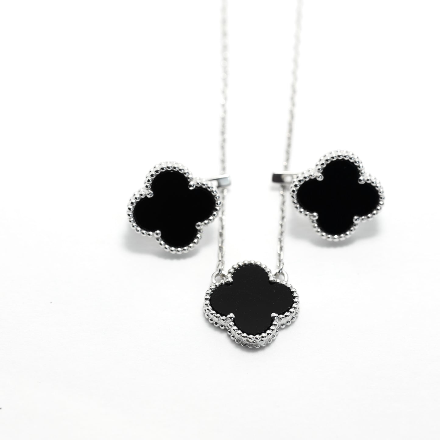 Onyx Clover Jewelry Set Maxi Size | 925 Sterling Silver Luxury Set — Срібний комплект Клевер Maxi з оніксом|552