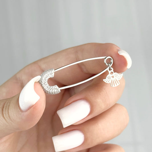 Angel Safety Pin Brooch with Cubic Zirconia | 925 Sterling Silver Luxury Jewelry — Срібна шпилька з ангеликом