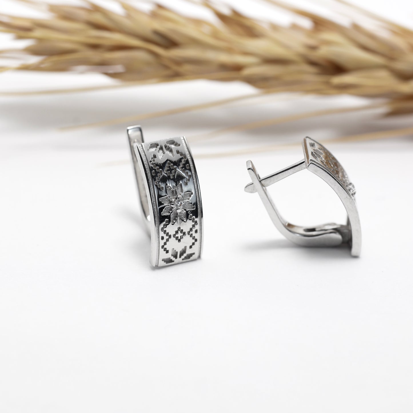 Silver Vyshyvanka Earrings with Cubic Zirconia | Срібні сережки Вишиванка з фіанітом |583/1