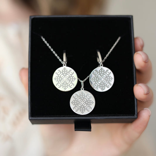 Срібний комплект Вишиванка 925 • Кольє + Сережки | Ukrainian Embroidery Silver Jewelry Set|1317