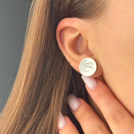 Срібні сережки з гравіюванням колосків | Silver Wheat Stud Earrings |1329