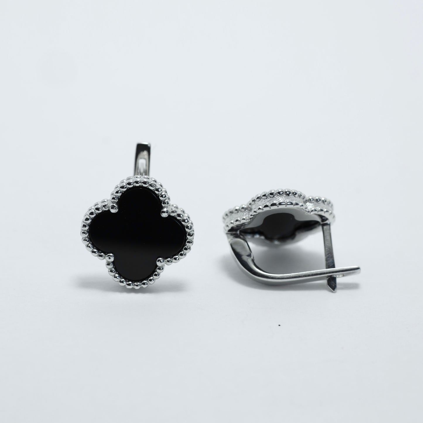 Silver Onyx Clover Earrings Maxi Size | Срібні сережки з оніксом Клевер максі |552