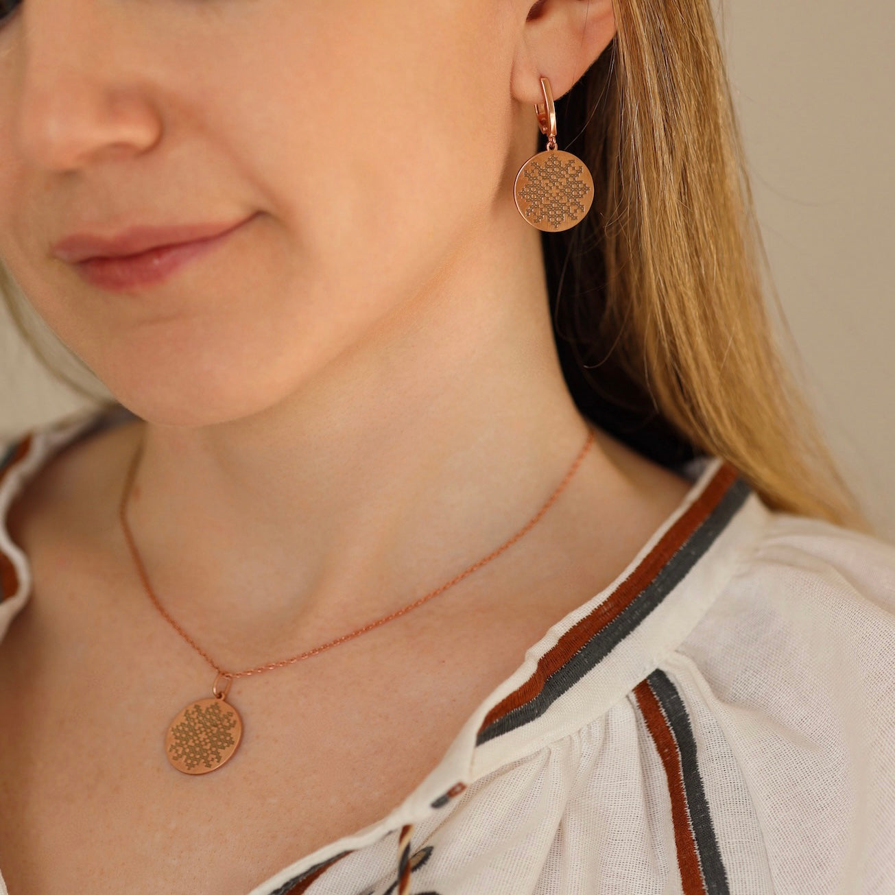 Срібний комплект з вишиванкою | Позолота 585 |Ukrainian Embroidery Jewelry Set | 585 Gold Plated Earrings & Necklace|1317