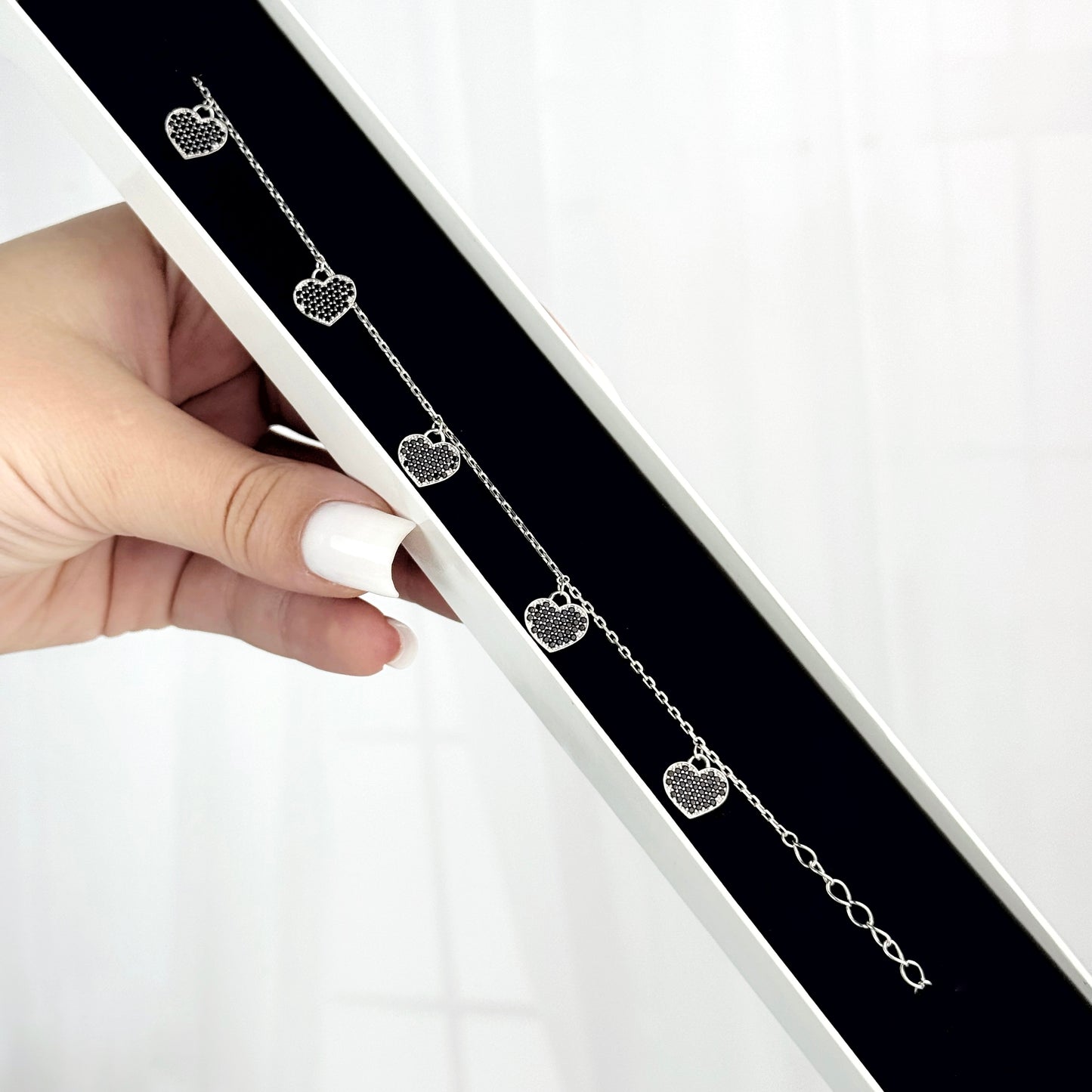 Срібний браслет із сердечками та чорними фіанітами | 925 Sterling Silver Heart Bracelet with Black Cubic Zirconia | 450
