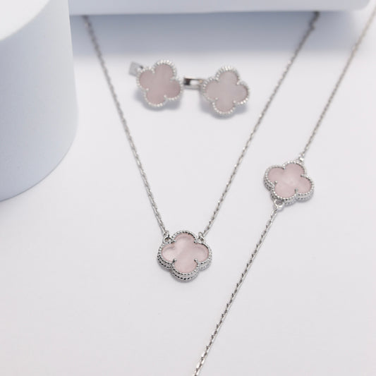 Rose Quartz Clover Jewelry Set | 925 Sterling Silver | Срібний комплект з рожевим кварцом|сережки|кольє|браслет|338