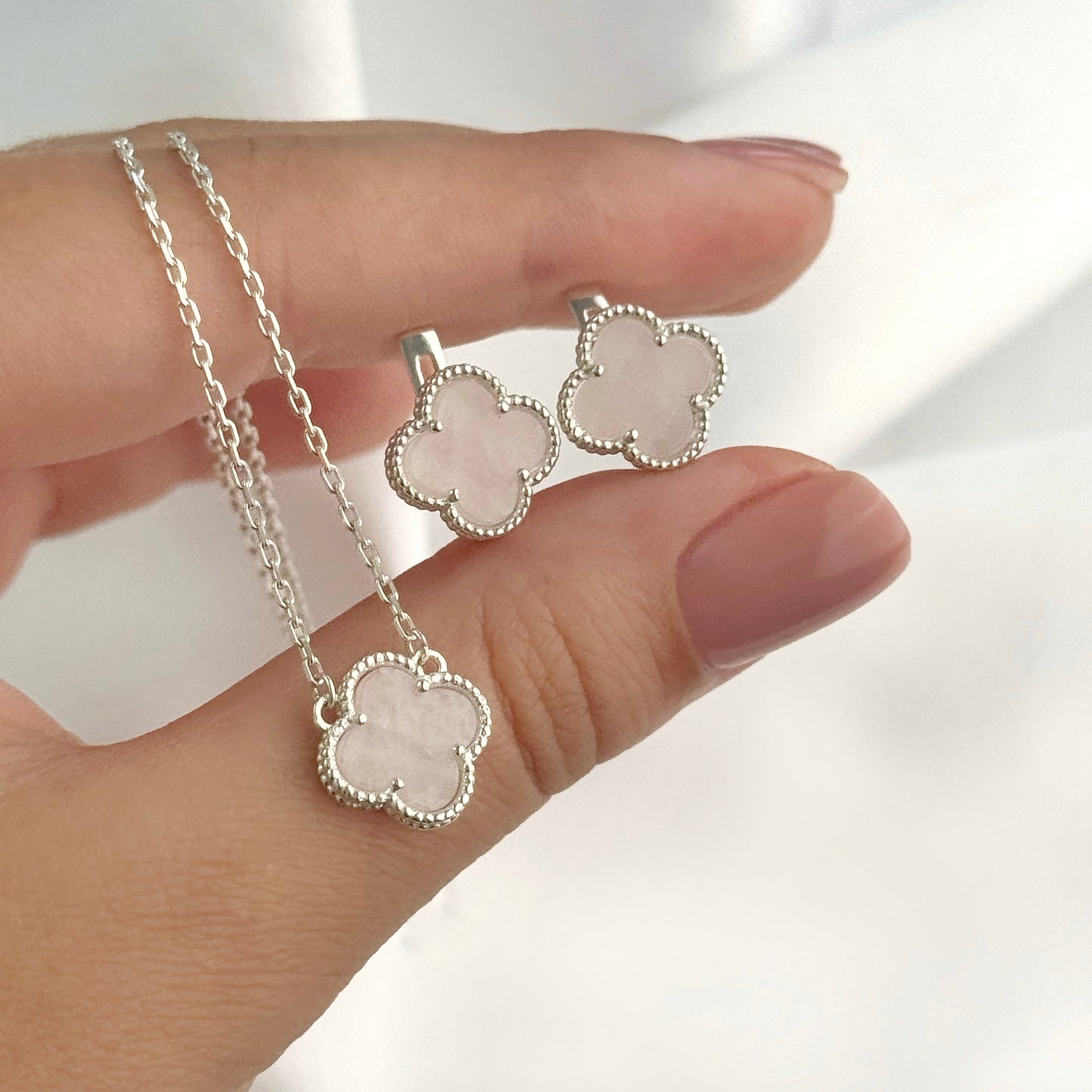 Rose Quartz Clover Jewelry Set | 925 Sterling Silver Luxury Jewelry — Срібний комплект з кварцом |049