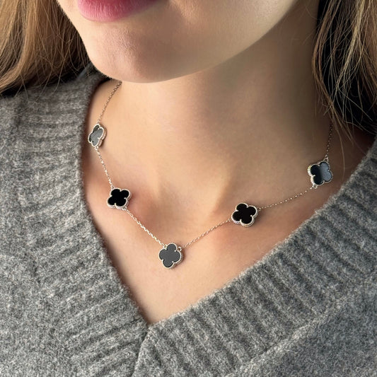 925Silver Onyx Flower Necklace | Срібне кольє 925 з оніксом |5 квіточок|338