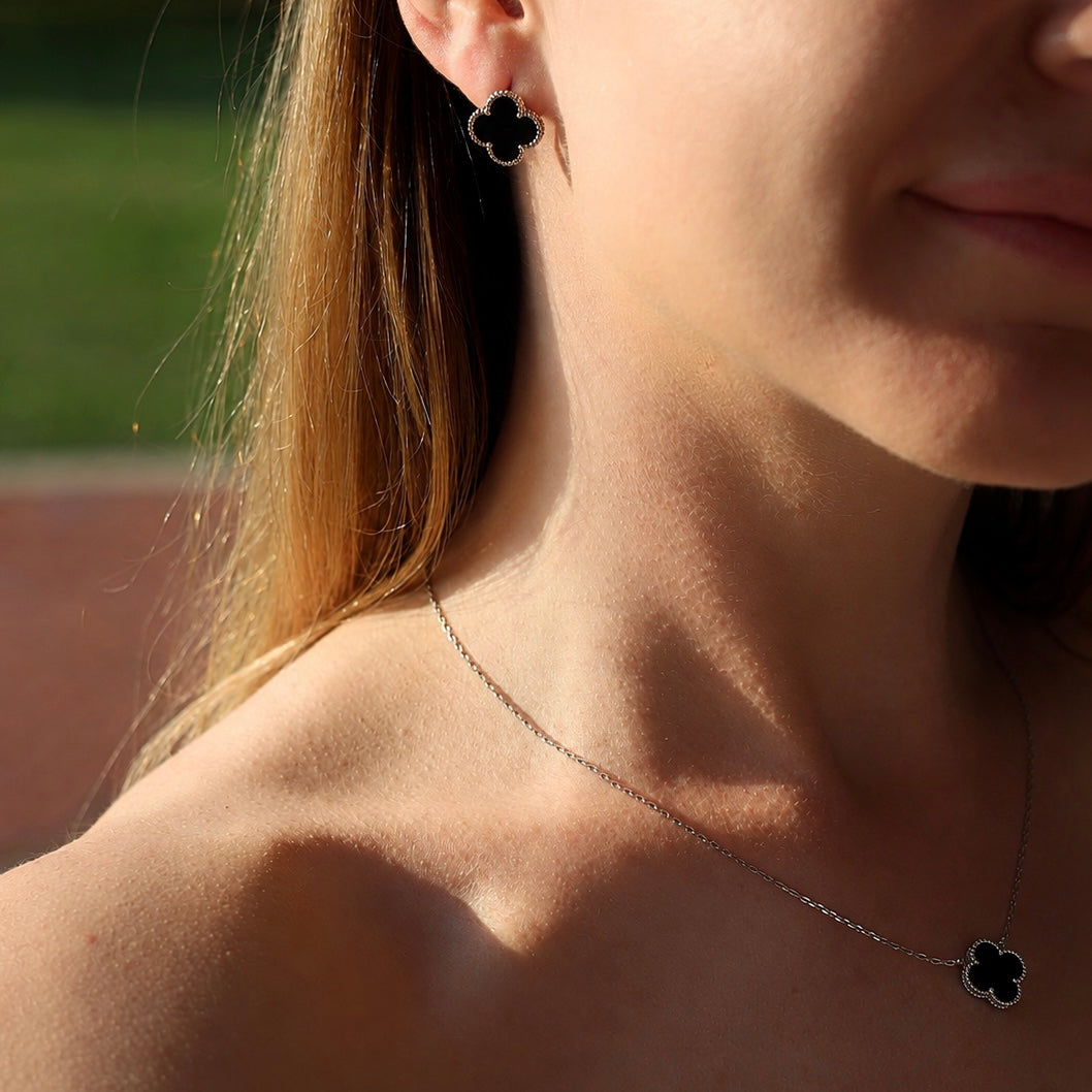 Silver Onyx Clover Necklace Maxi Size | Срібне кольє з оніксом Клевер максі | 552