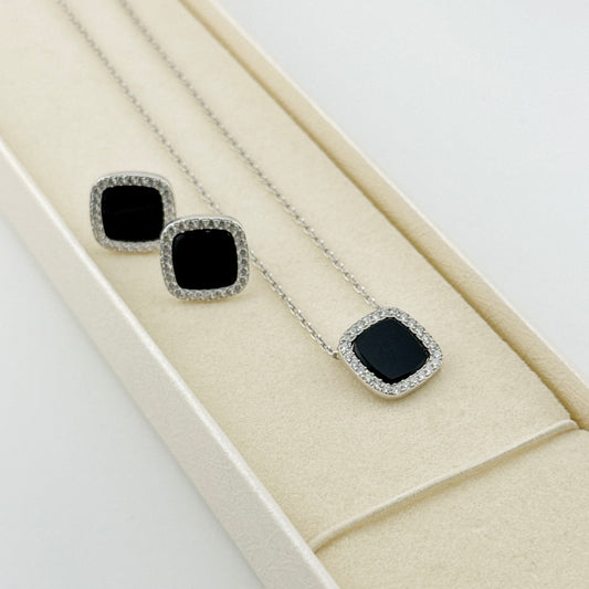 925 Sterling Silver Black Halo Necklace & Earrings Set| Срібний комплект із чорними вставками та фіанітами — кольє й сережки|679