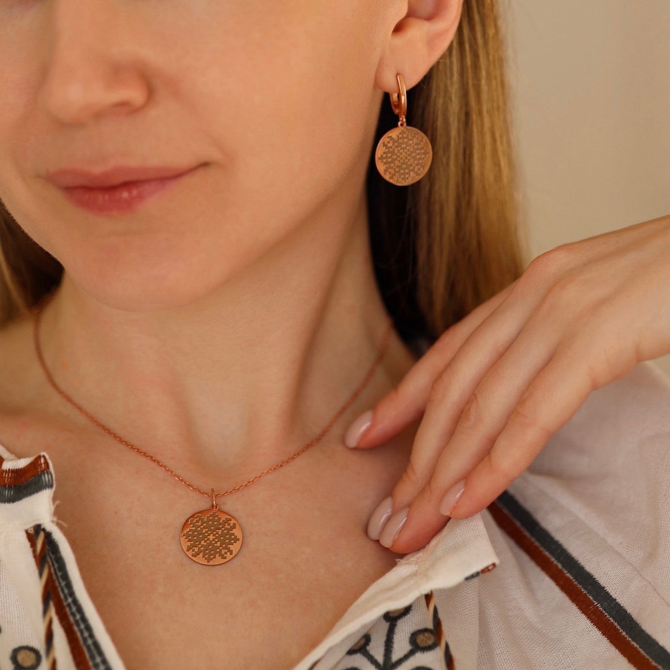 Срібний комплект з вишиванкою | Позолота 585 |Ukrainian Embroidery Jewelry Set | 585 Gold Plated Earrings & Necklace|1317