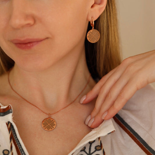 Срібний комплект з вишиванкою | Позолота 585 |Ukrainian Embroidery Jewelry Set | 585 Gold Plated Earrings & Necklace|1317