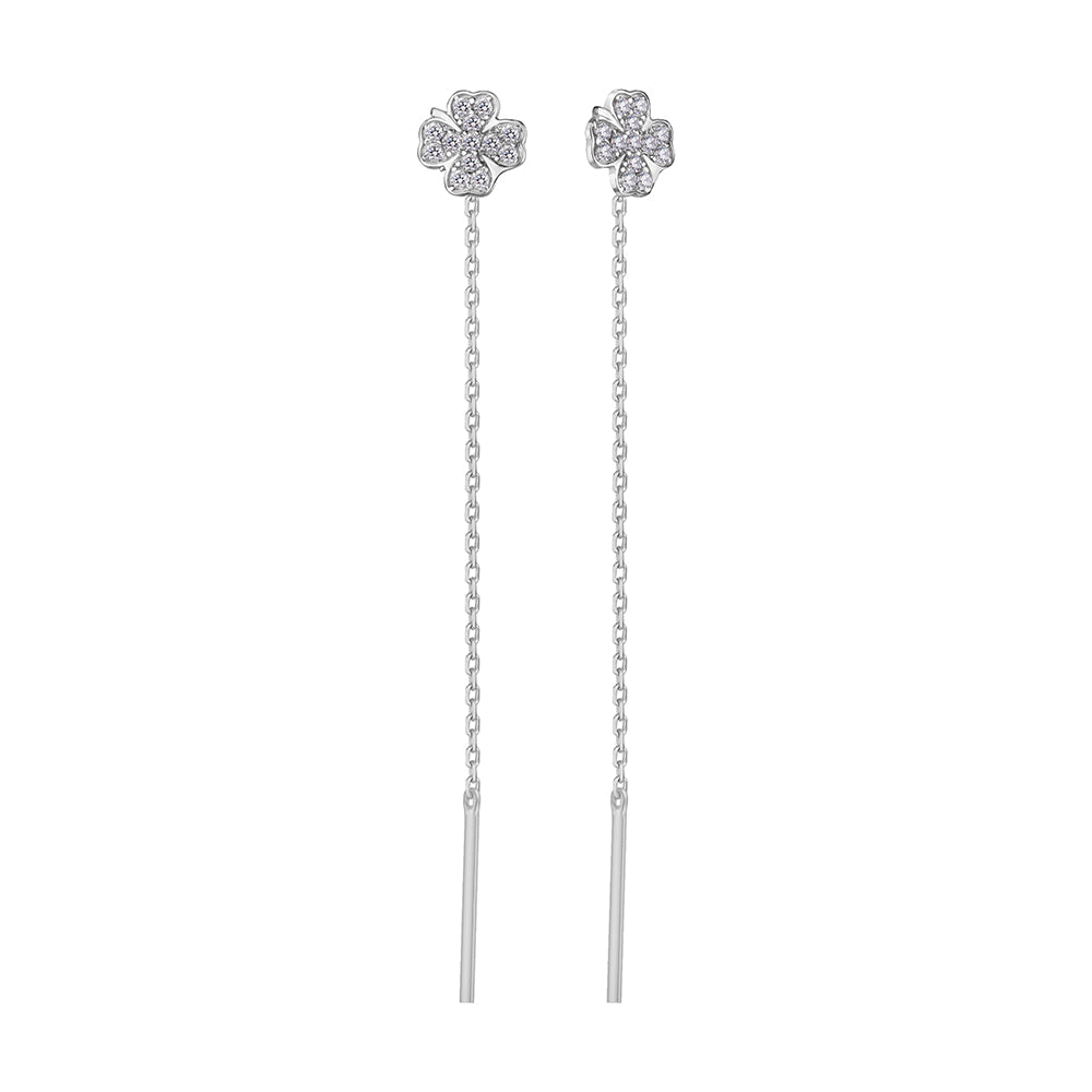 Silver Clover Threader Earrings with Zircon | Срібні сережки-протяжки Конюшина з цирконієм|287