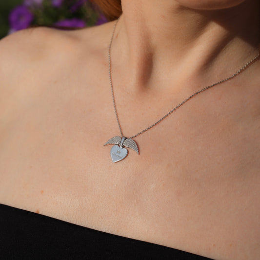 Daughter Angel Wings Locket Necklace with Cubic Zirconia | Срібне кольє-медальйон Донечка з крилами та фіанітами|618
