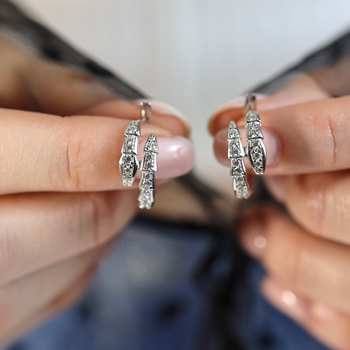 Rhodium-Plated 925 Sterling Silver CZ| Срібні сережки-кільця з фіанітами|292