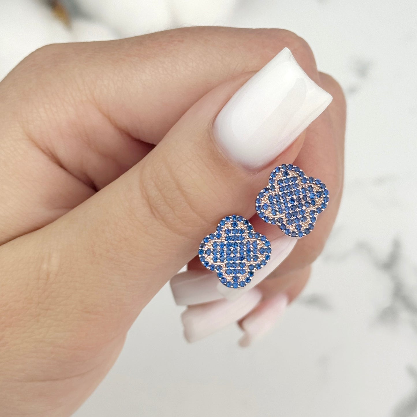 Blue Cubic Zirconia Clover Earrings | Gold-Plated 925 Sterling Silver Luxury Jewelry — Срібні сережки з позолотою 585 та синіми фіанітами|1204