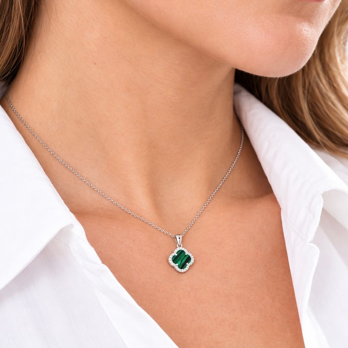 925 Sterling Silver Malachite Clover Earrings & Pendant|Срібний комплект з малахітом та фіанітами|40082