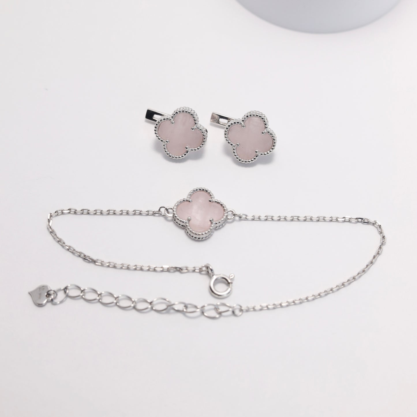 Rose Quartz Clover Jewelry Set | 925 Sterling Silver | Срібний комплект з рожевим кварцом|сережки|кольє|браслет|338