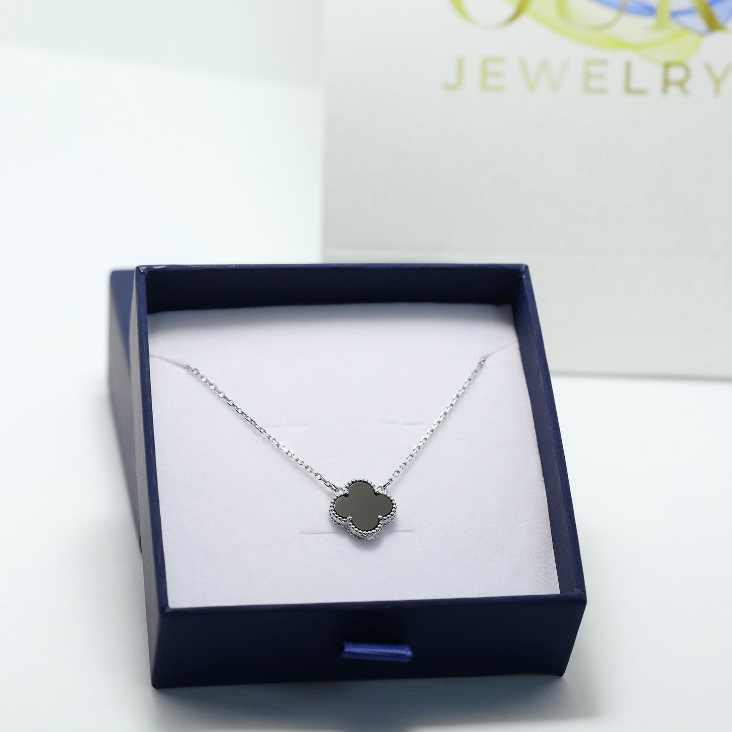Silver Onyx Clover Necklace Maxi Size | Срібне кольє з оніксом Клевер максі | 552