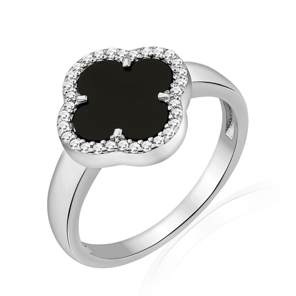 Silver Onyx Ring with Cubic Zirconia| Срібна каблучка-конюшина з оніксом і фіанітами|10354