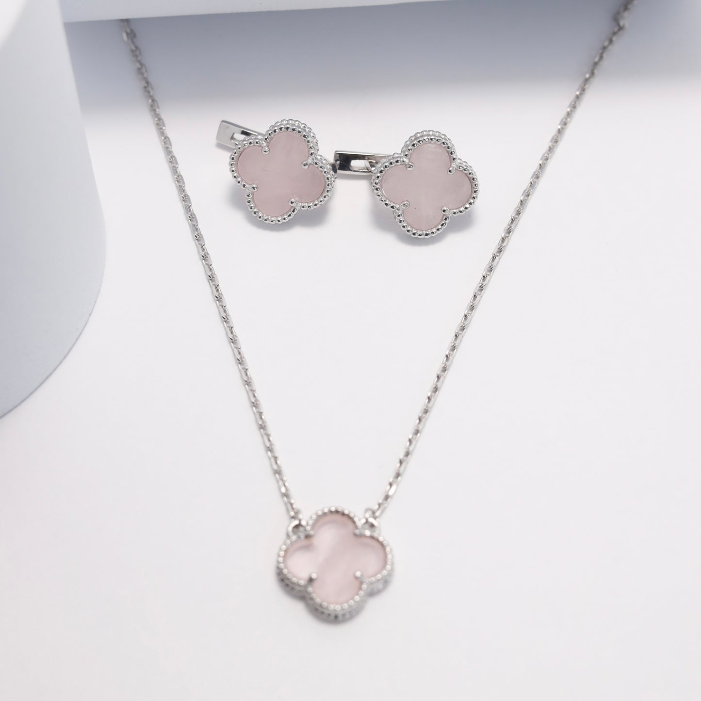 Rose Quartz Clover Jewelry Set | 925 Sterling Silver Luxury Jewelry — Срібний комплект з кварцом |049