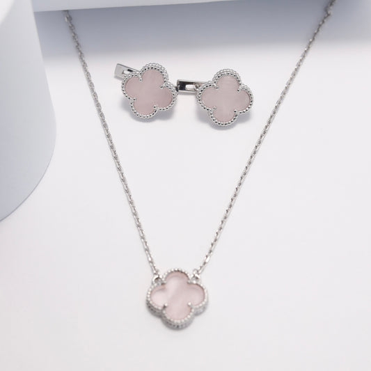 Rose Quartz Clover Jewelry Set | 925 Sterling Silver Luxury Jewelry — Срібний комплект з кварцом |049