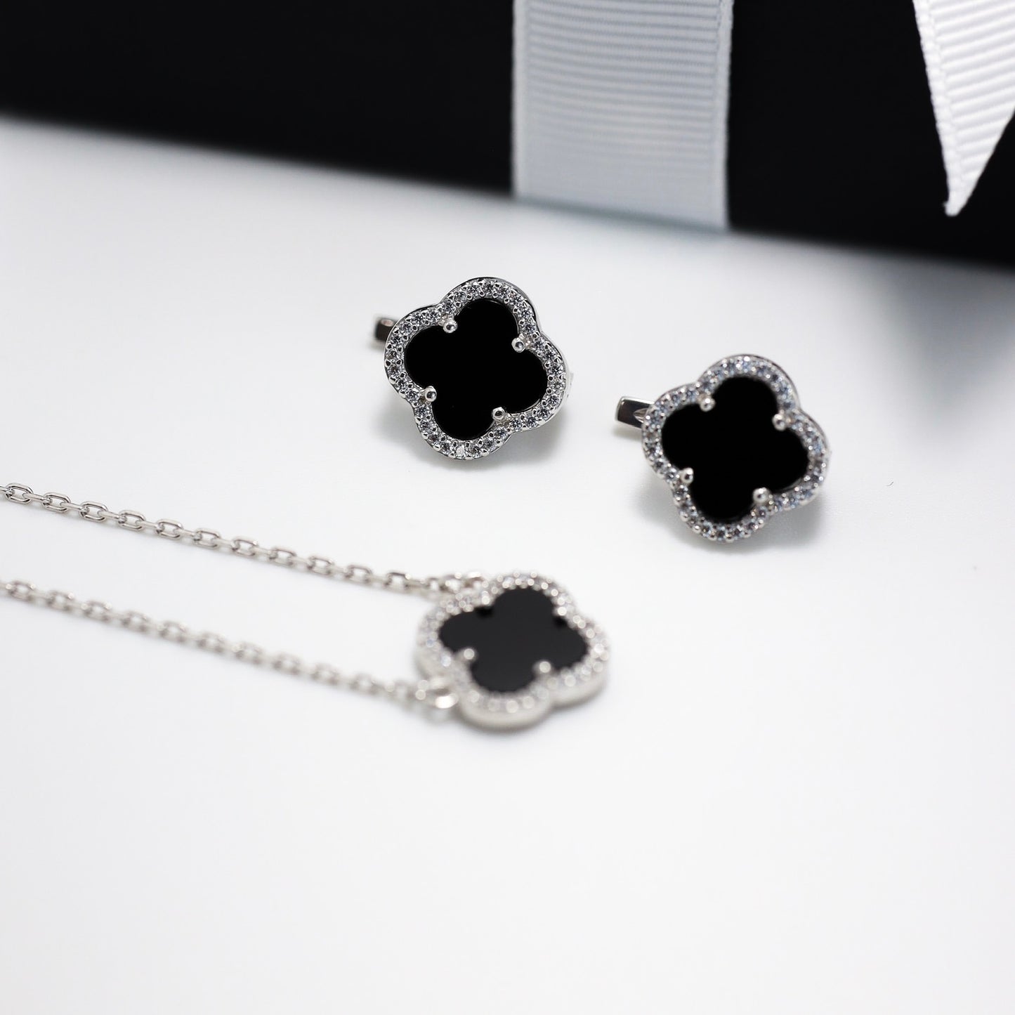Срібний набір з оніксом | Onyx Jewelry Set | 925 Silver | Black Clover Jewelry|564|6141
