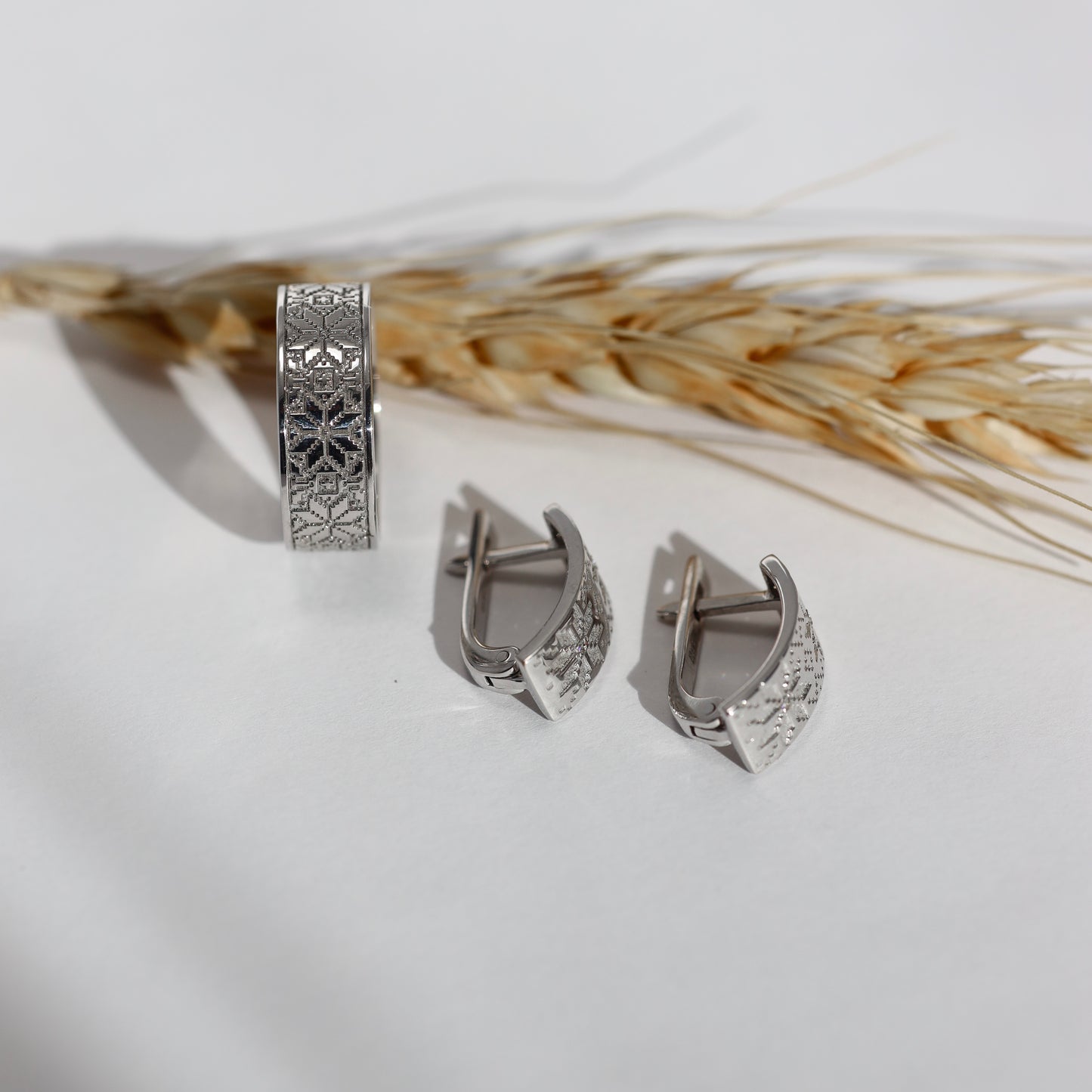 Срібний комплект Вишиванка 925 | Silver Vyshyvanka Jewelry Set 925 | Сережки + Каблучка | Ukrainian Jewelry