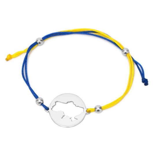 Sterling silver Map of Ukraine bracelet with blue and yellow cord