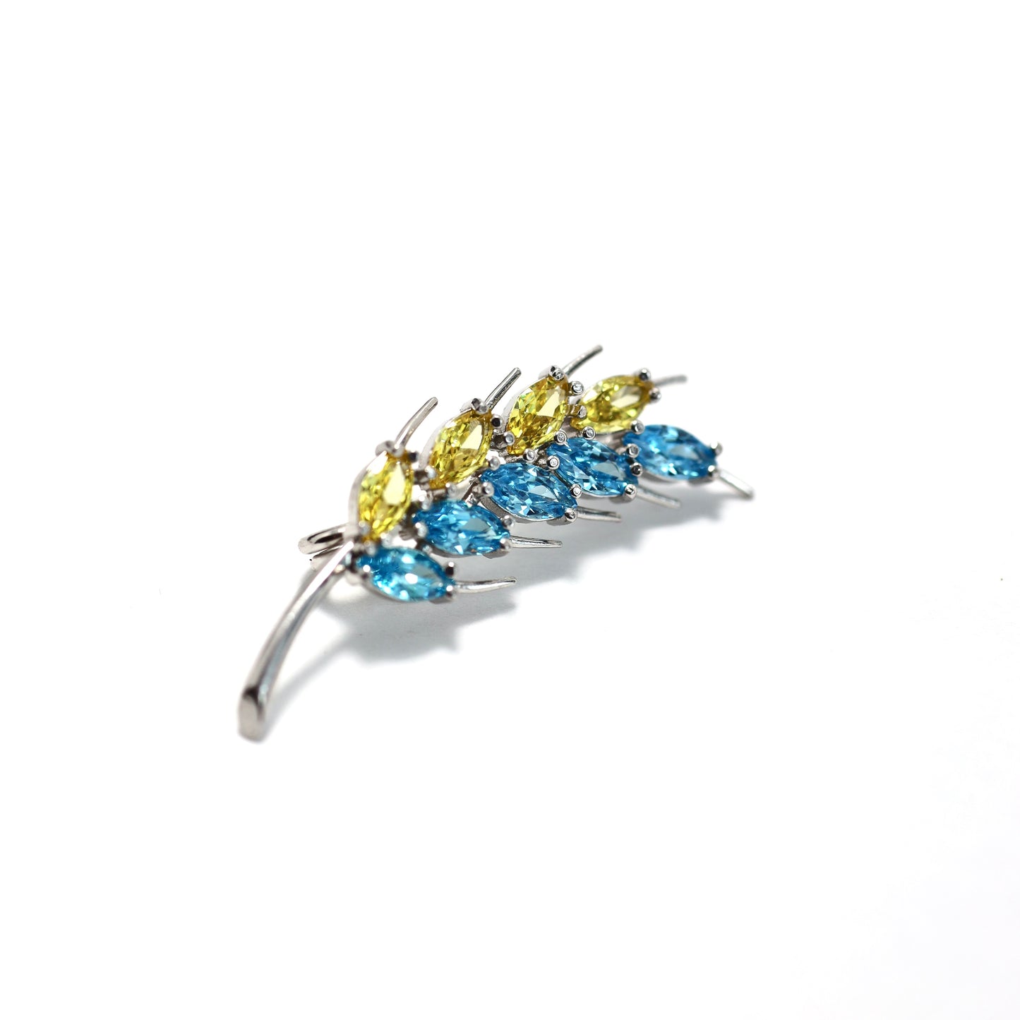 Blue & Yellow Wheat Brooch 925 Silver | Срібна брошка колосок з фіанітами