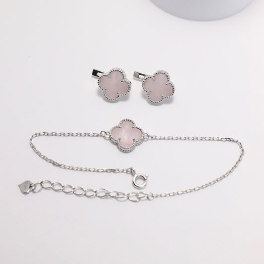 Rose Quartz Clover Jewelry Set | 925 Sterling Silver Earrings & Bracelet — Срібний комплект Конюшина з рожевим кварцом |сережки та браслет|338