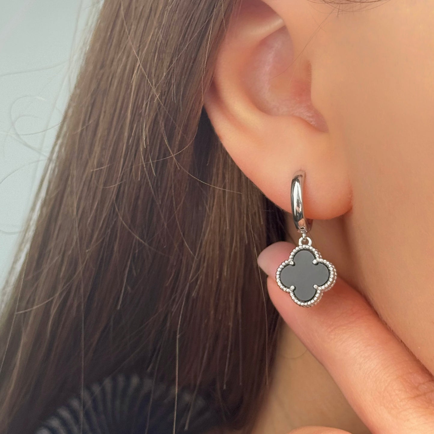Black Onyx Clover Earrings | 925 Sterling Silver Luxury Jewelry — Срібні сережки з оніксом|1243
