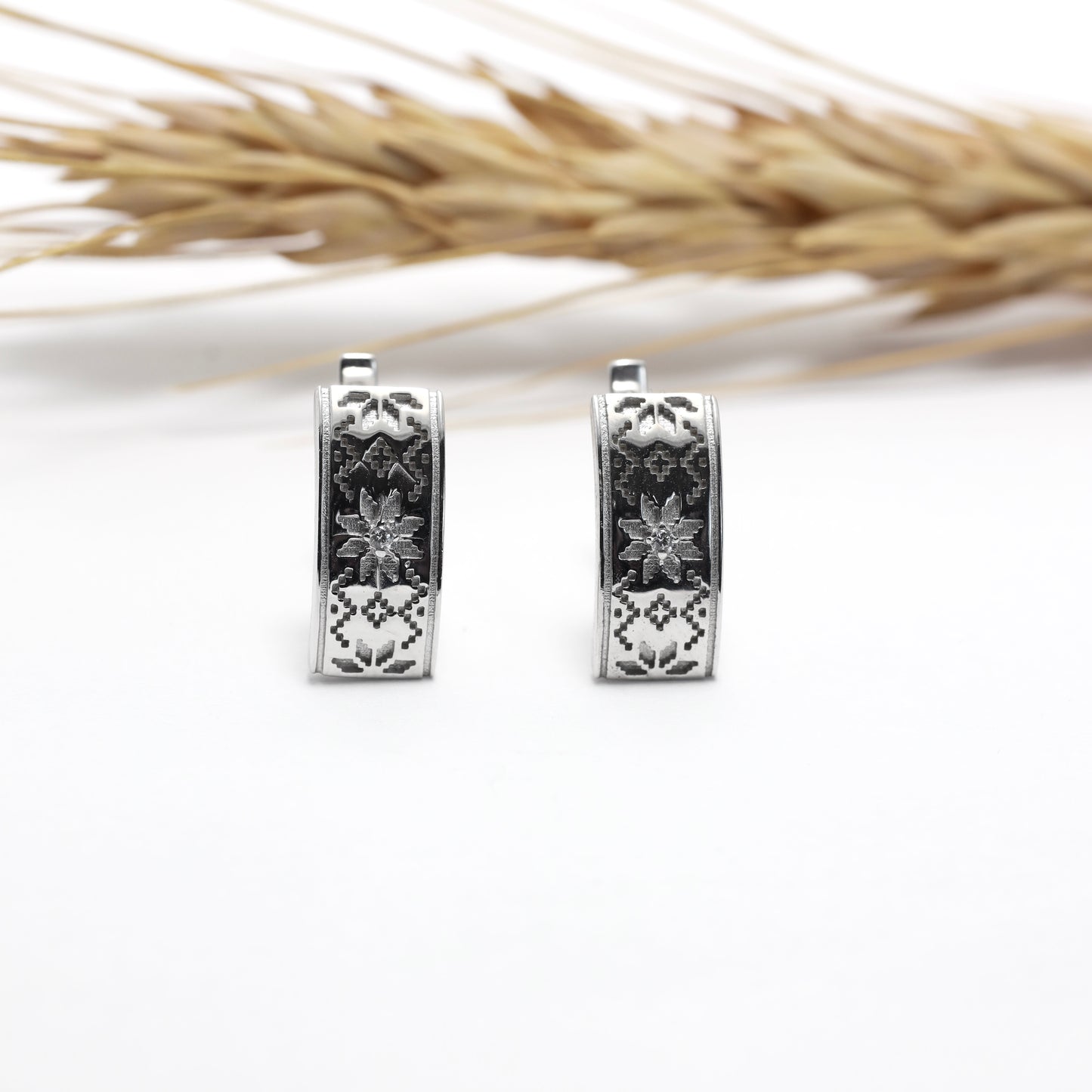Silver Vyshyvanka Earrings with Cubic Zirconia | Срібні сережки Вишиванка з фіанітом |583/1