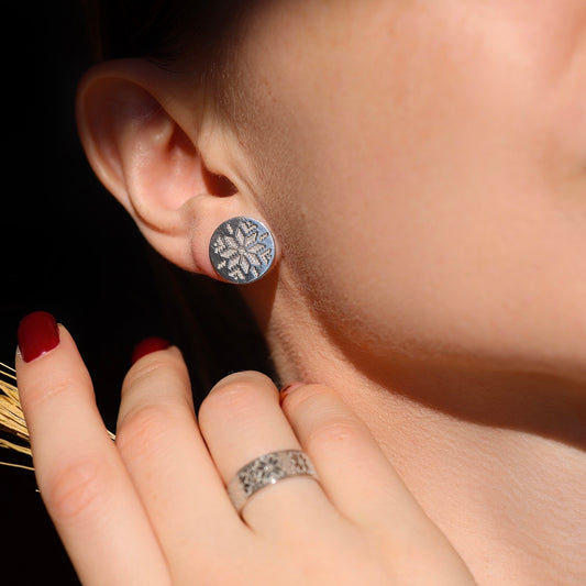 Срібні сережки з вишиванковим орнаментом – українська символіка, 925 проба | Silver Embroidery Earrings – Ukrainian Heritage |1060