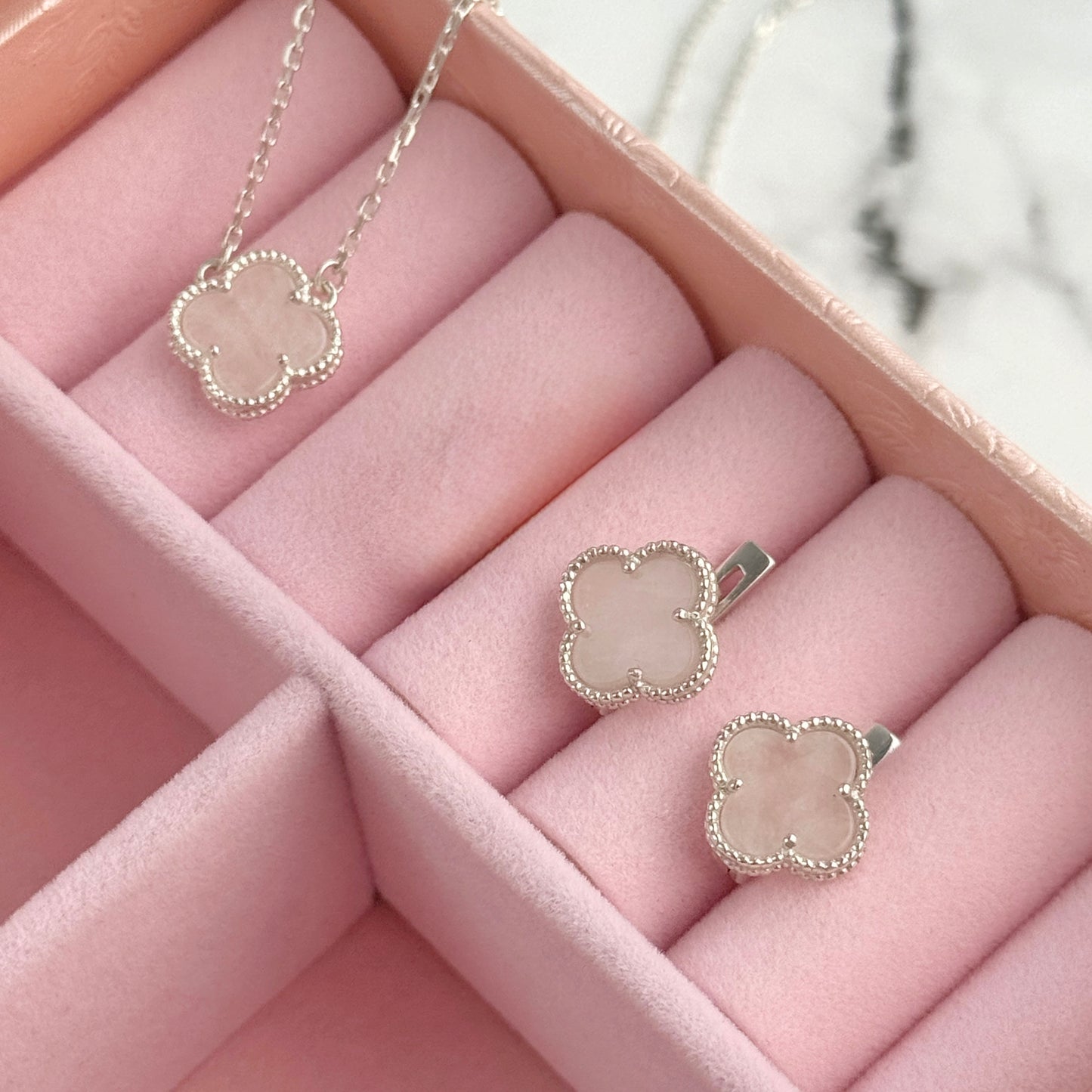 Rose Quartz Clover Jewelry Set | 925 Sterling Silver Luxury Jewelry — Срібний комплект з кварцом |049