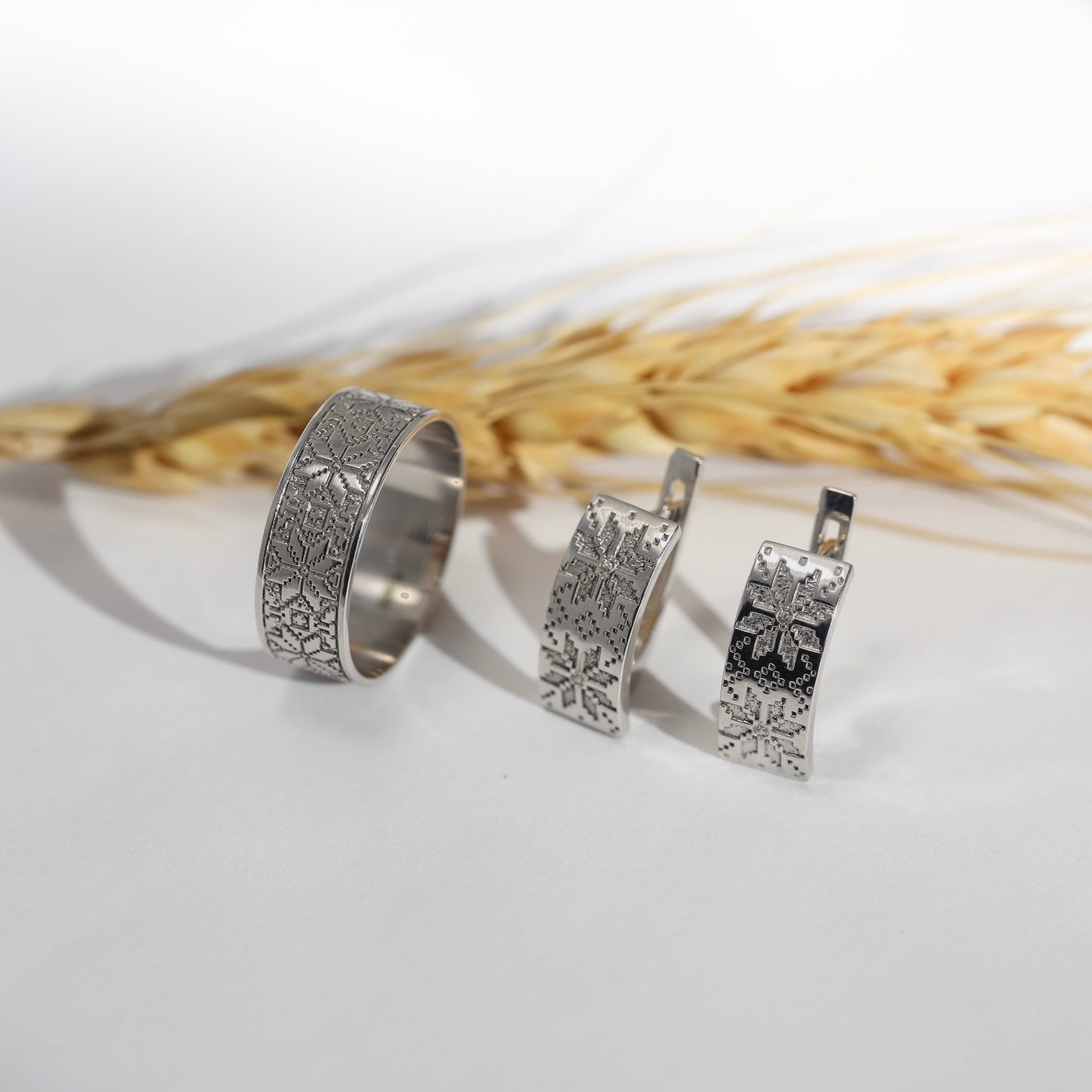 Срібний комплект Вишиванка 925 | Silver Vyshyvanka Jewelry Set 925 | Сережки + Каблучка | Ukrainian Jewelry