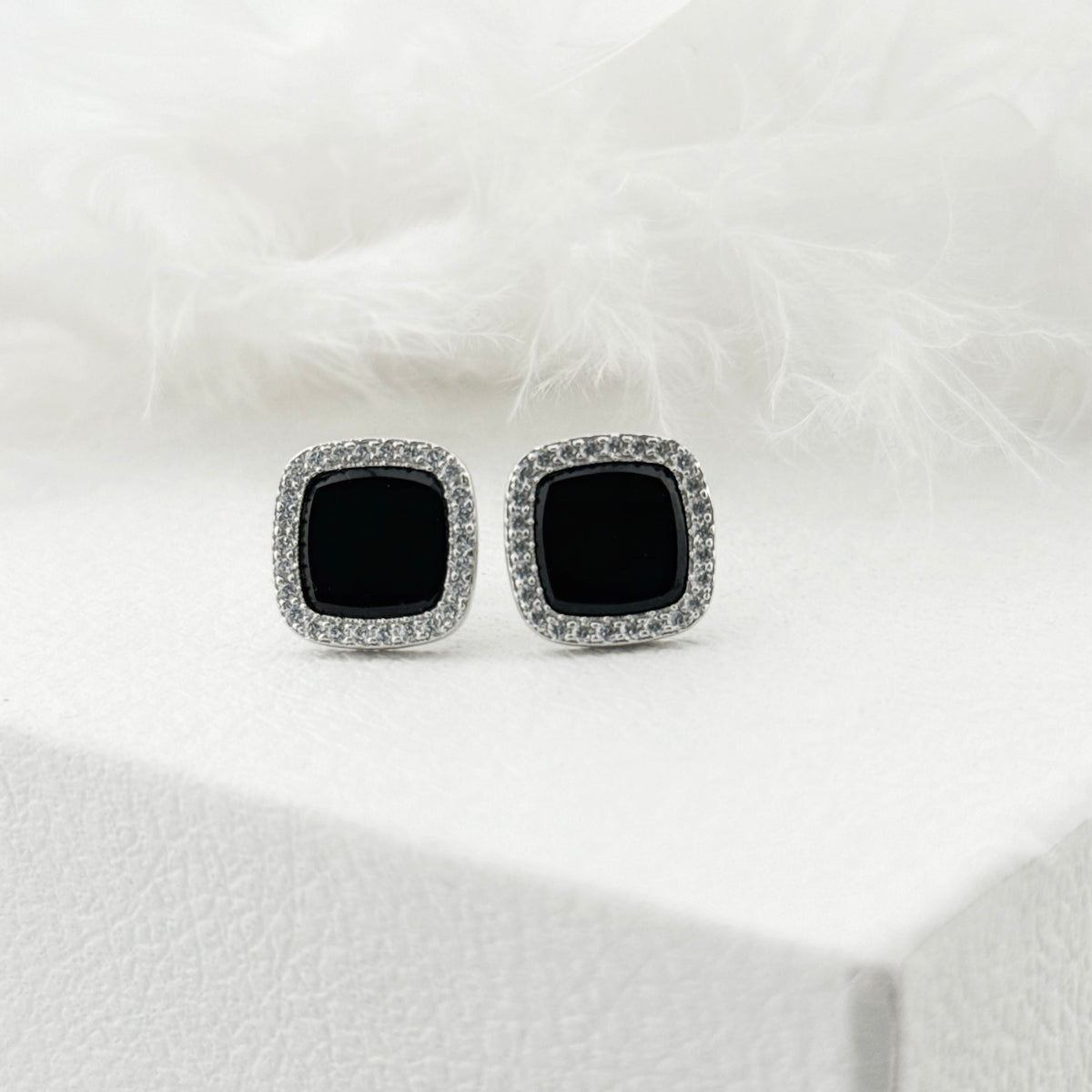 925 Sterling Silver Black Square Earrings | Срібні квадратні сережки з чорною вставкою|1007