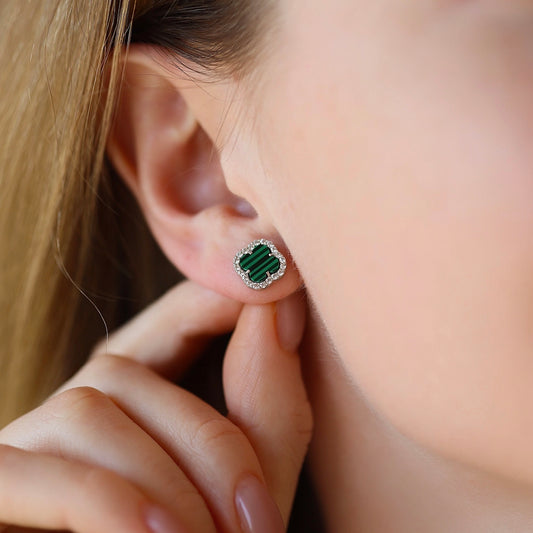 Срібні сережки з малахітом | Malachite Stud Earrings | Срібло 925 з цирконієм| Green Clover Earrings|40082